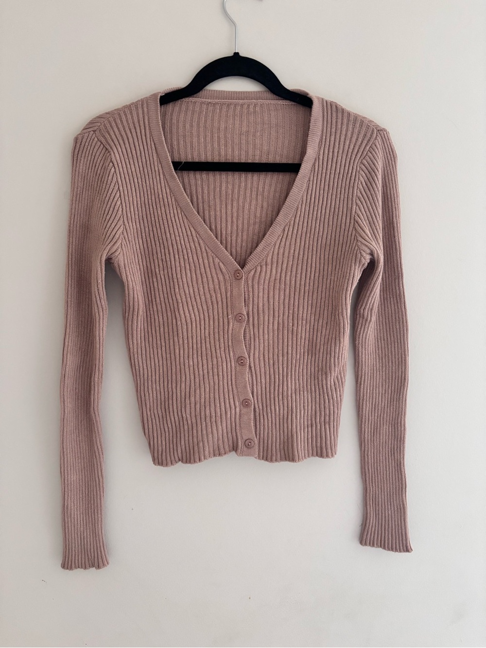 SHEIN Ribbed V-Neck Button Front Cardigan - Dusty Pink